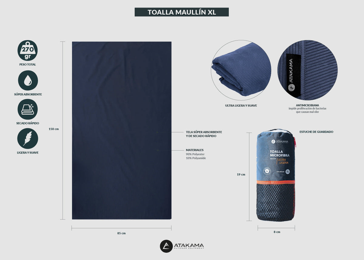 Toalla Microfibra Maullín XL Gris - Atakama Outdoor