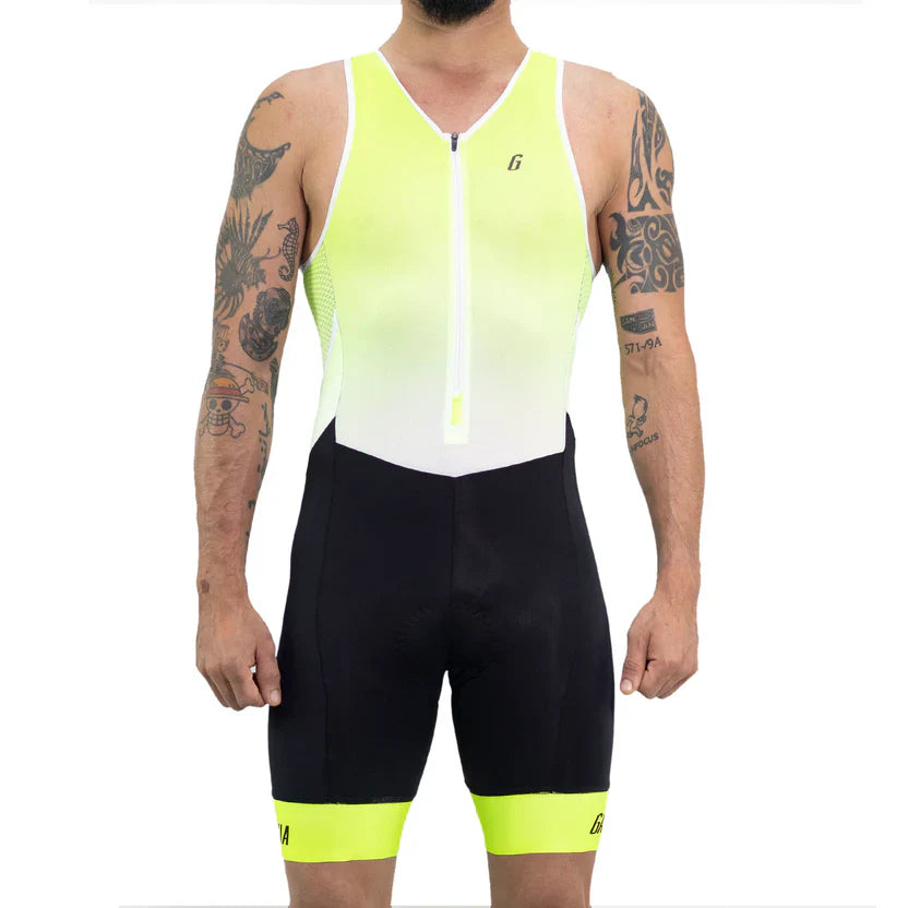 Gavia Tria Neón - Traje Trisuit de Triatlón Sin Mangas de Hombre (Blanco amarillo)