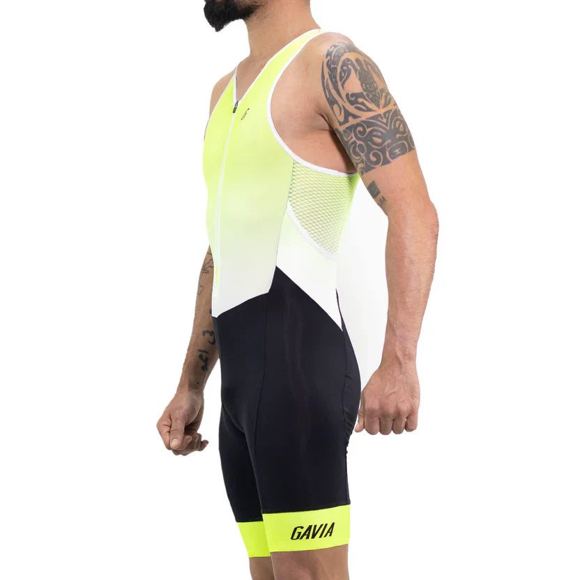 Gavia Tria Neón - Traje Trisuit de Triatlón Sin Mangas de Hombre (Blanco amarillo)