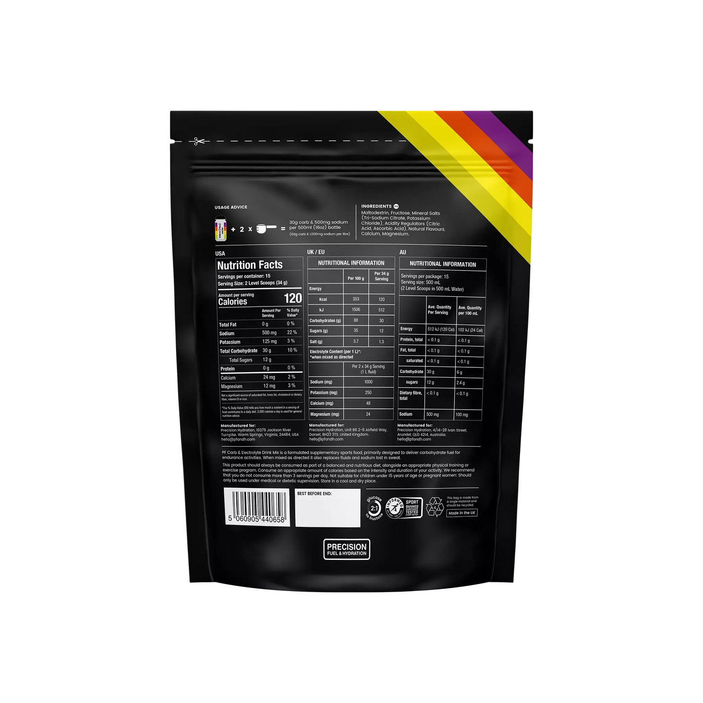 Precision Fuel Carb & Electrolyte Drink Mix - Bebida deportiva alta en Carbohidratos y electrolitos (510grs - 60g Carbo)
