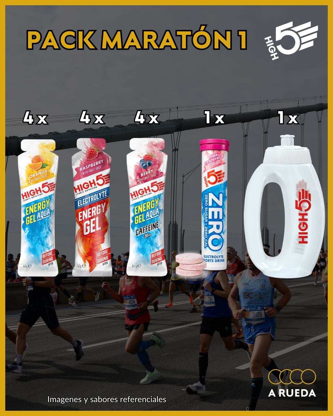 Pack Maratón 1: Geles Líquidos High5 Aqua + Electrolitos + Botella para tomar en carrera