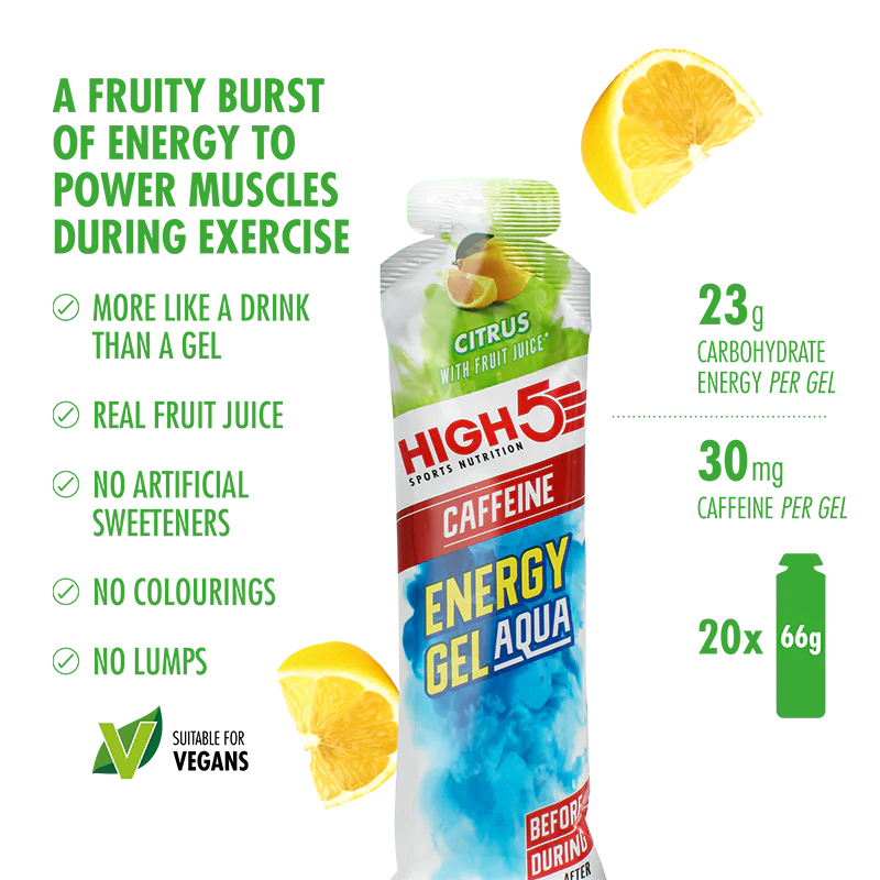 Caja de 20 Energy Gel Aqua High5 con Cafeína (66g) 2 Sabores: Berry y Citrus