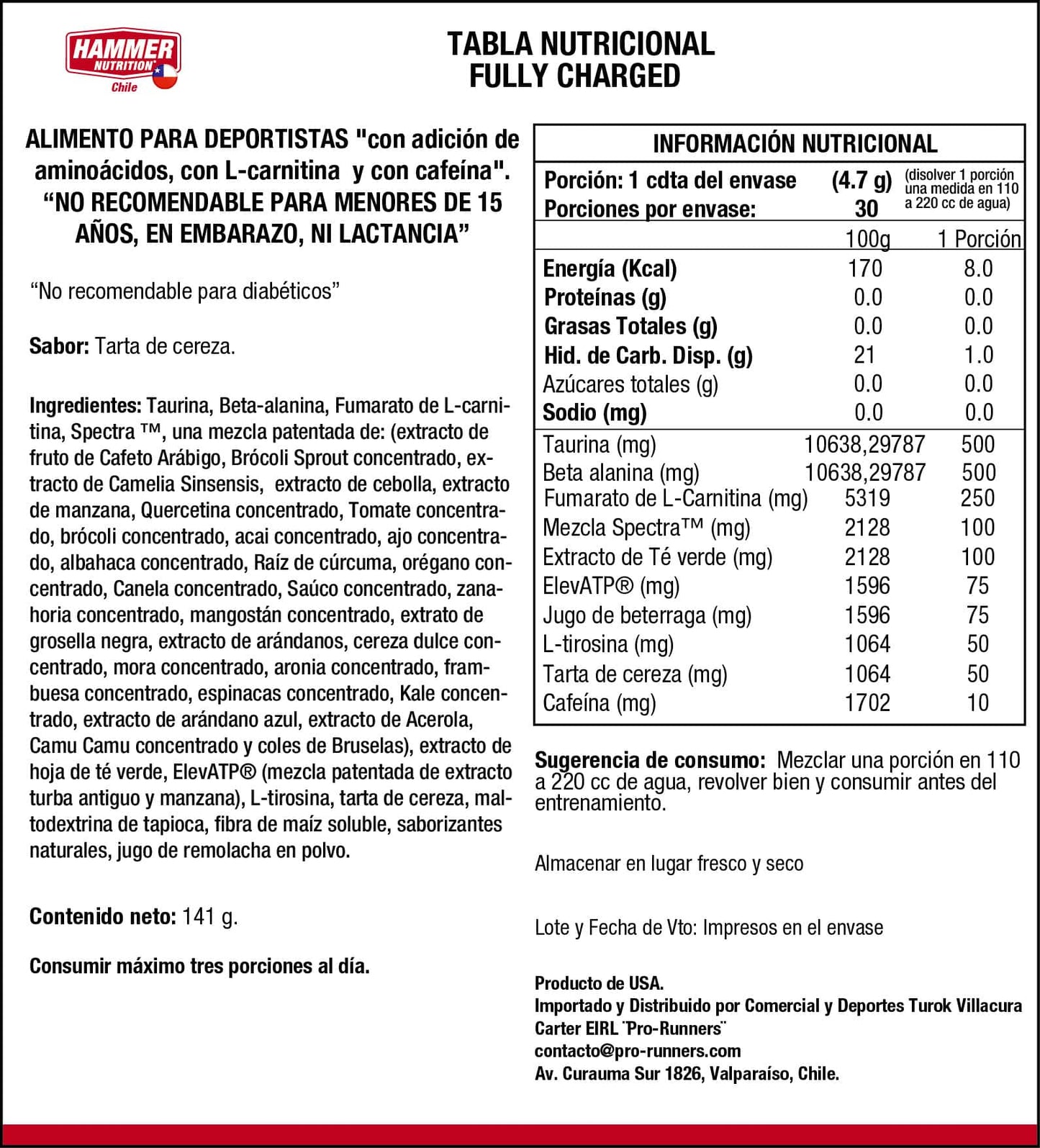 Hammer Nutrition Fully Charged – Preentreno con aminoácidos, L-carnitina y cafeína (2 formatos)