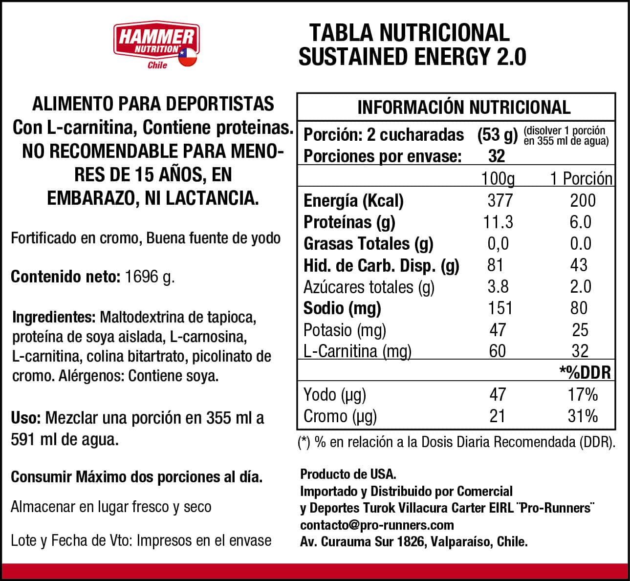 Hammer Nutrition Sustained Energy 2.0 – Bebida deportiva con proteína (32 porciones)