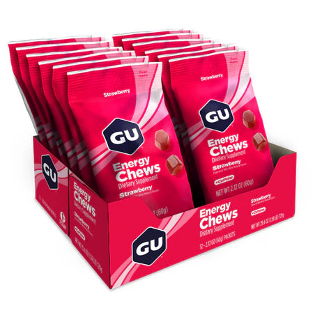 Caja de Gomitas GU Energy Chews 12 sobres de 60g (3 Sabores, Con y sin Cafeína)