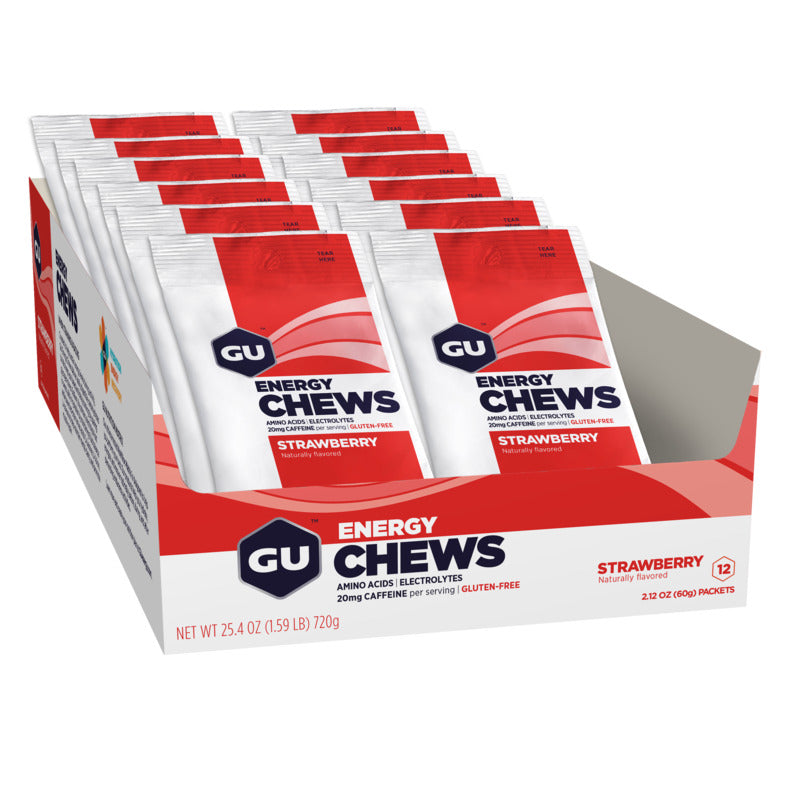 Caja de Gomitas GU Energy Chews 12 sobres de 60g (3 Sabores, Con y sin Cafeína)