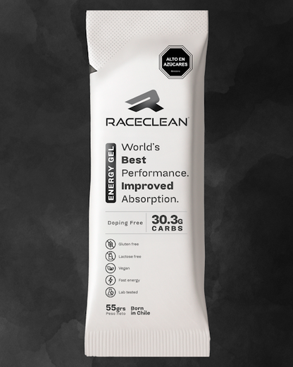 RaceClean – Gel deportivo de alto rendimiento (55g). 7 fuentes de carbohidratos. Individual o caja de 35u