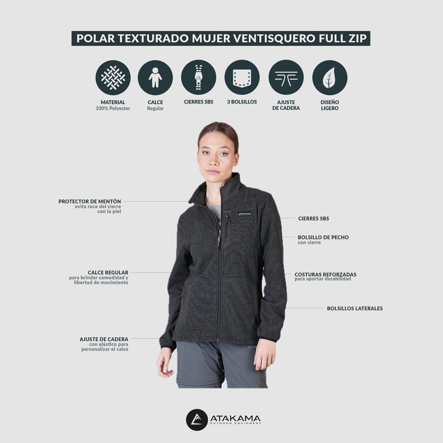 Polar Texturado Mujer Ventisquero Full Zip Beige - Atakama Outdoor