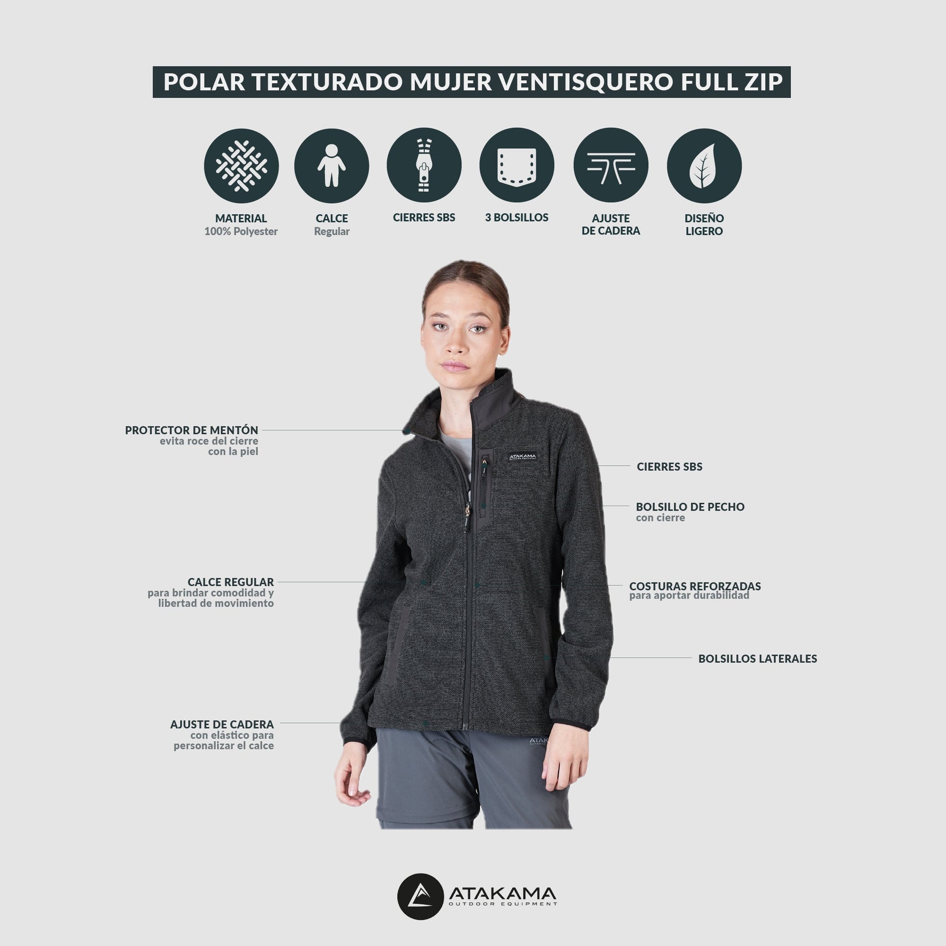 Polar Texturado Mujer Ventisquero Full Zip Beige - Atakama Outdoor