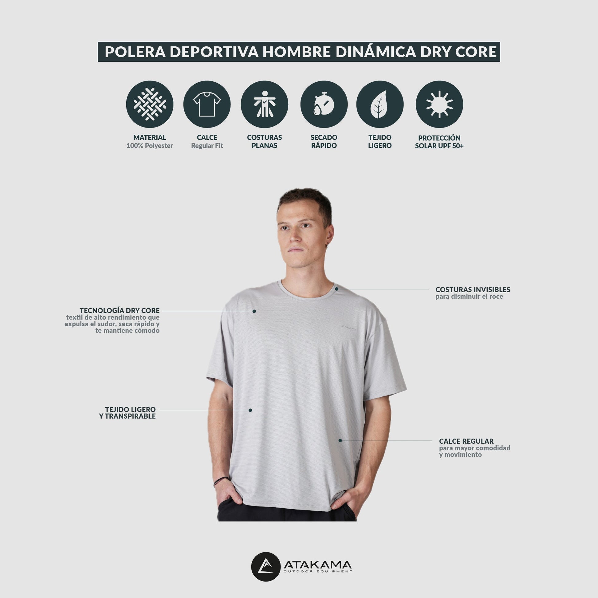 Polera Deportiva Hombre Dinámica Dry Core Gris - Atakama Outdoor