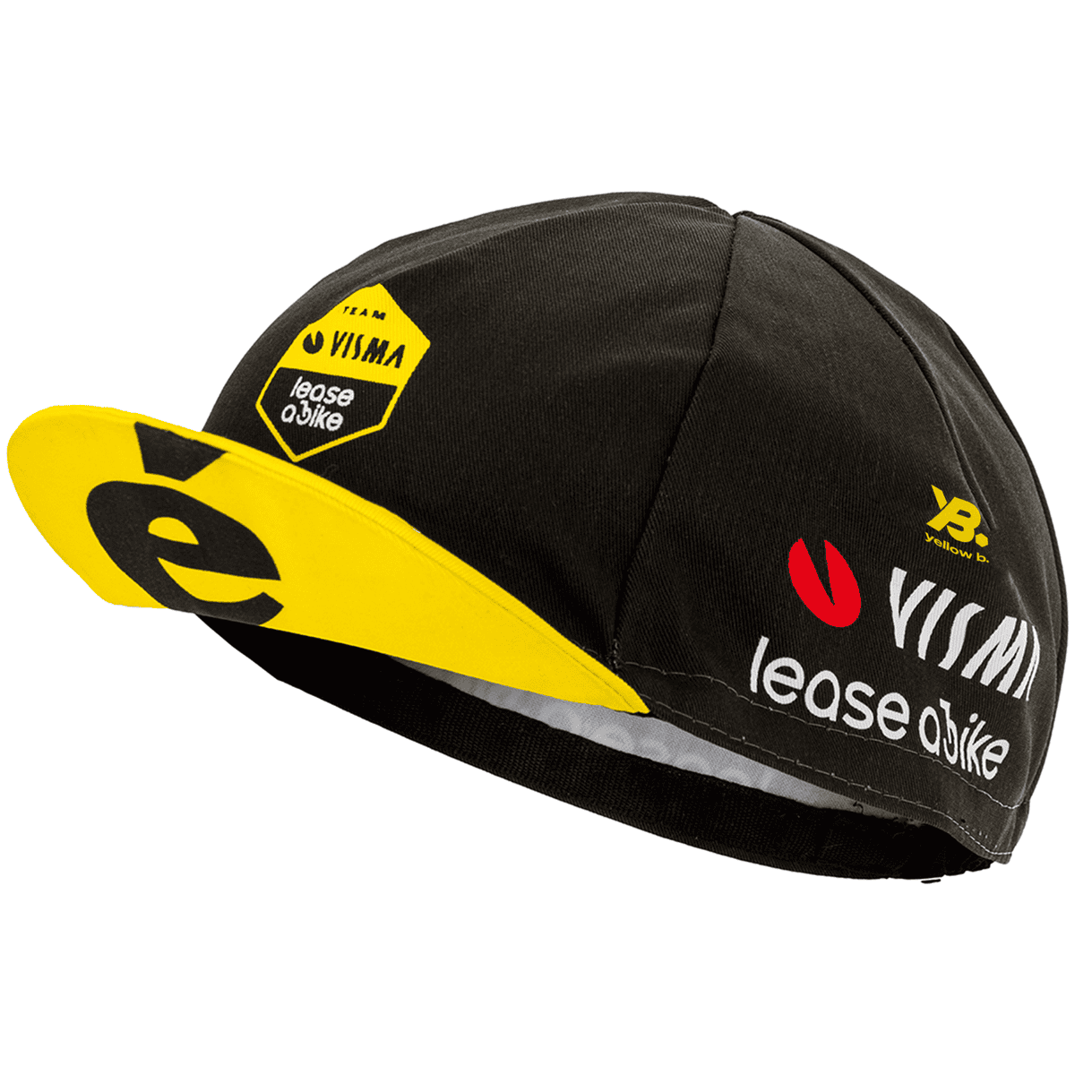Gorra de ciclismo con diseño de marcas Visma, Leose Bike y Yellow B en colores negro y amarillo, ideal para ciclistas profesionales y amateurs.