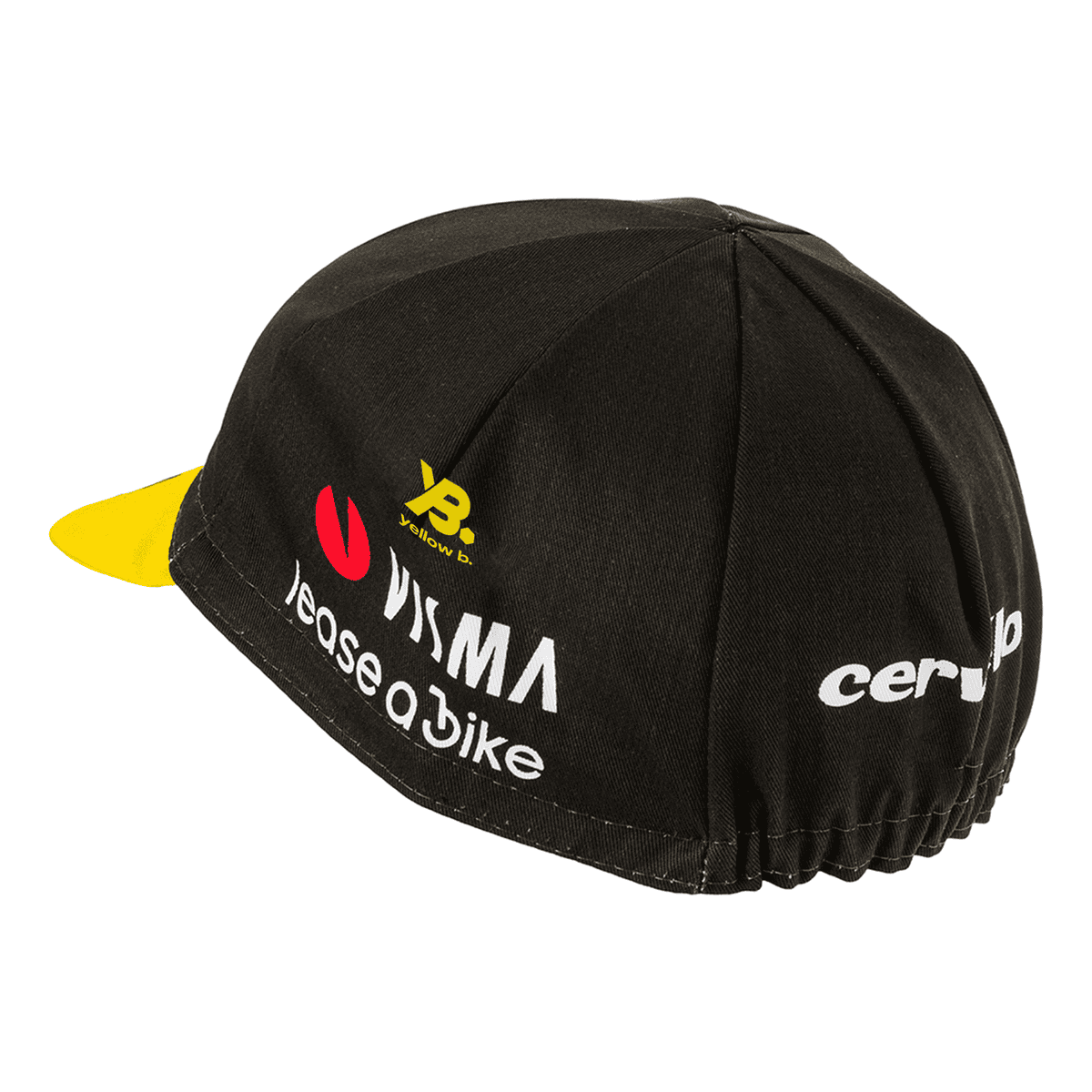 Gorro de ciclismo negro con visera amarilla y logos de marcas conocidas, ideal para ciclismo en verano y protección solar.