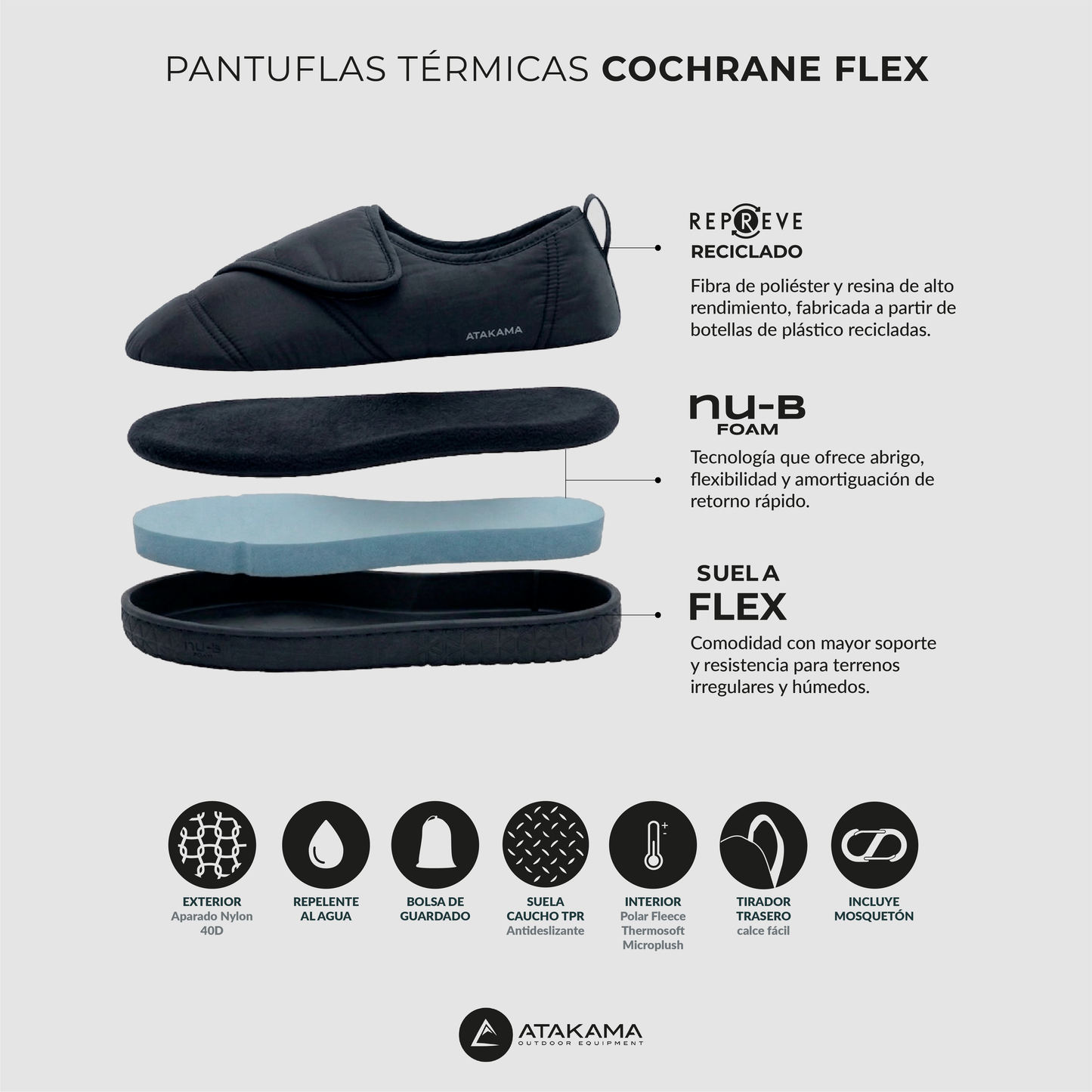 Atakama Outdoor Cochrane FLEX – Pantufla térmica con velcro negro