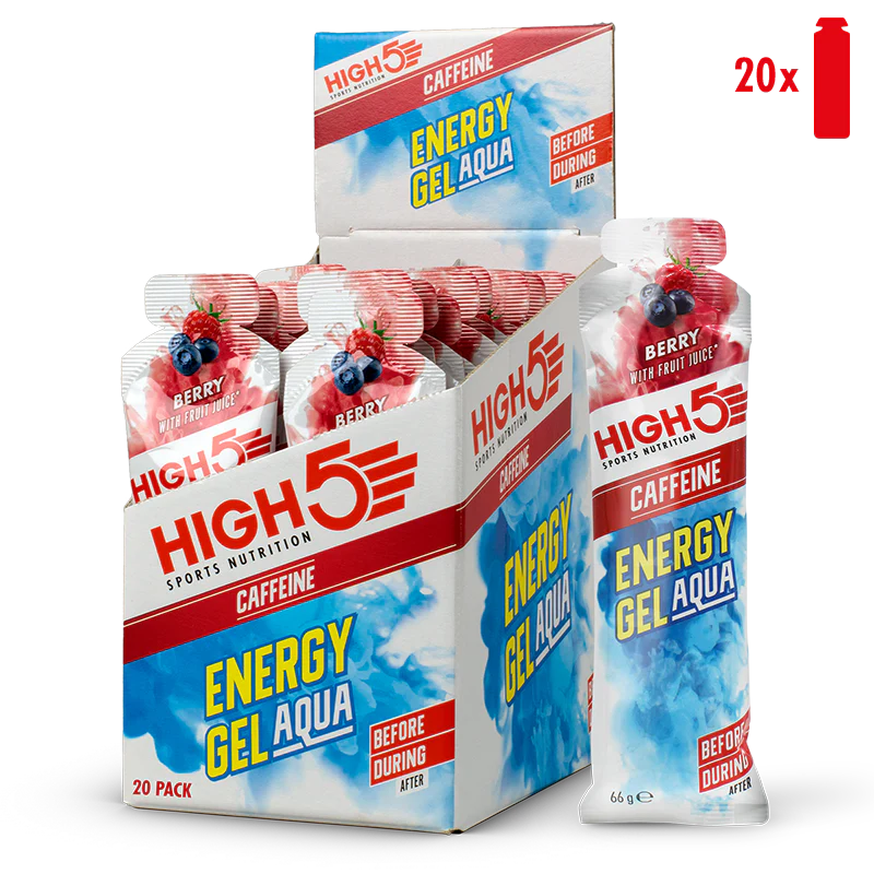 Caja de 20 Energy Gel Aqua High5 con Cafeína (66g) 2 Sabores: Berry y Citrus