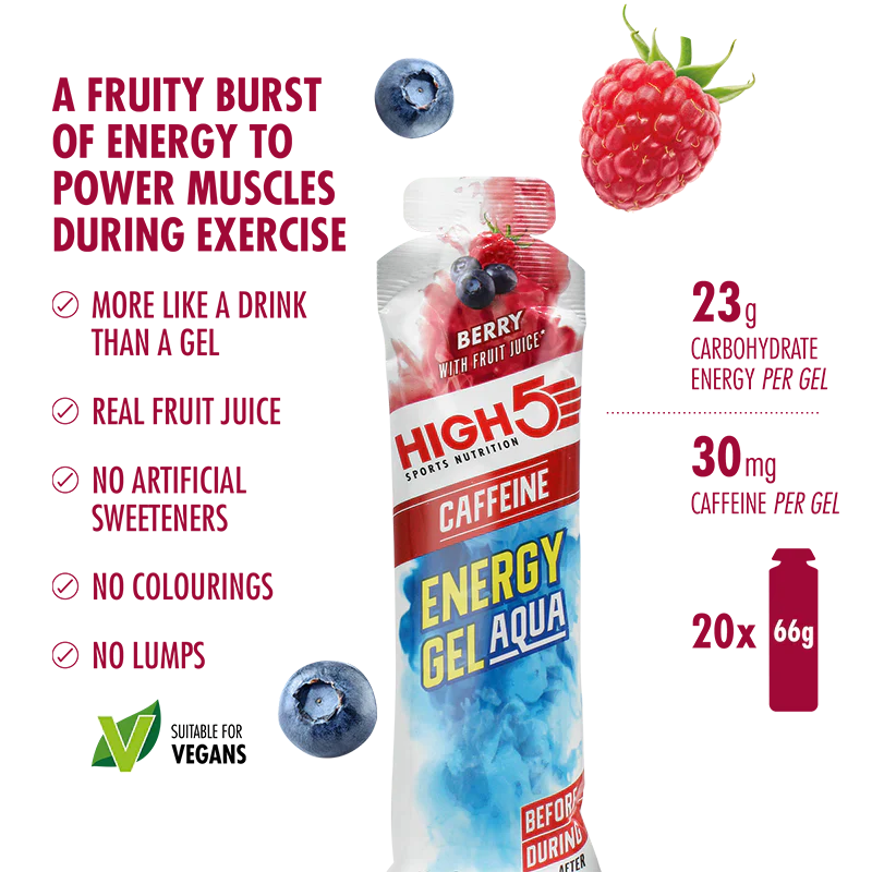 Caja de 20 Energy Gel Aqua High5 con Cafeína (66g) 2 Sabores: Berry y Citrus