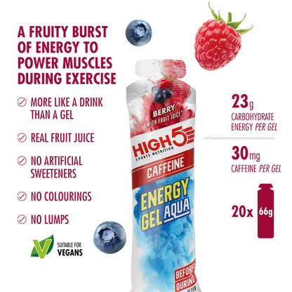 Caja de 20 Energy Gel Aqua High5 con Cafeína (66g) 2 Sabores: Berry y Citrus