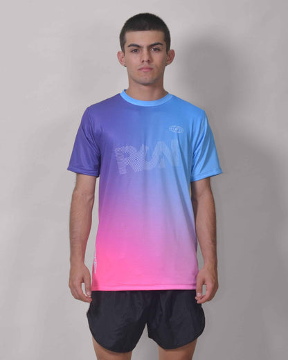 Gavia City Run - Polera de Running Manga corta Hombre (Celeste Rosado)