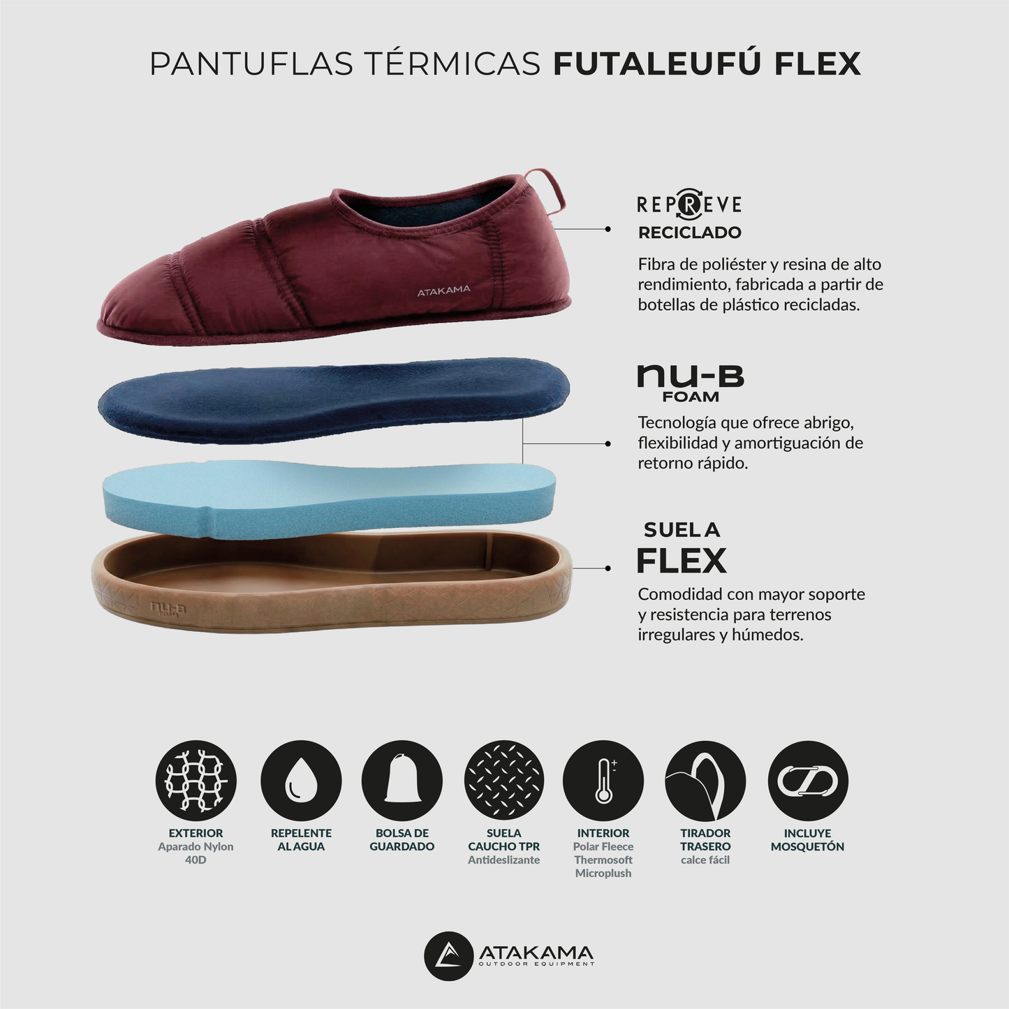Atakama Outdoor Futaleufú FLEX – Pantufla térmica con talón burdeo