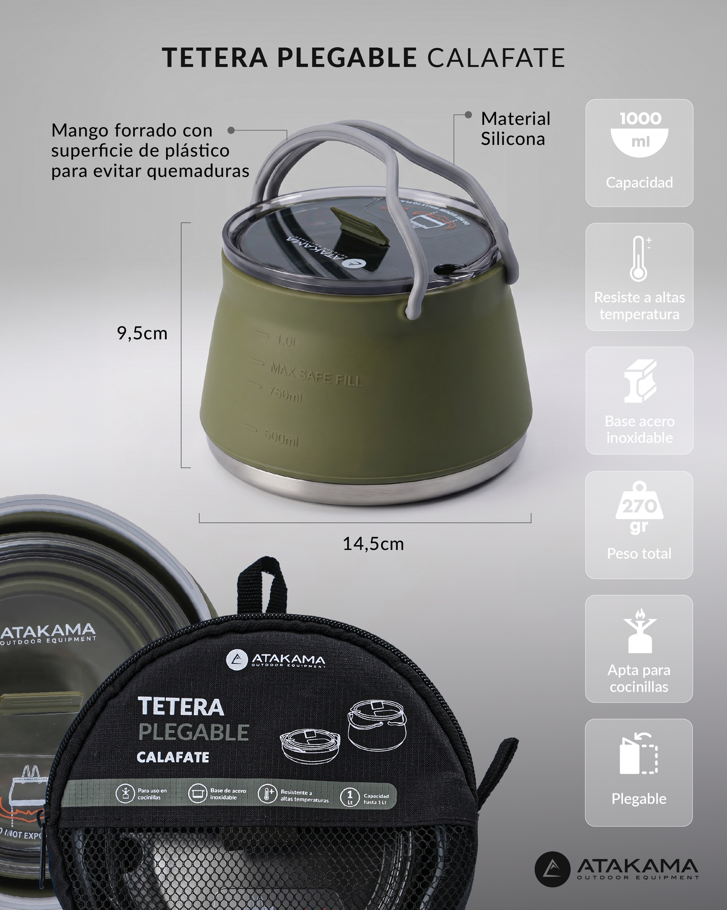 Atakama Outdoor Calafate – Tetera plegable de silicona 1 litro