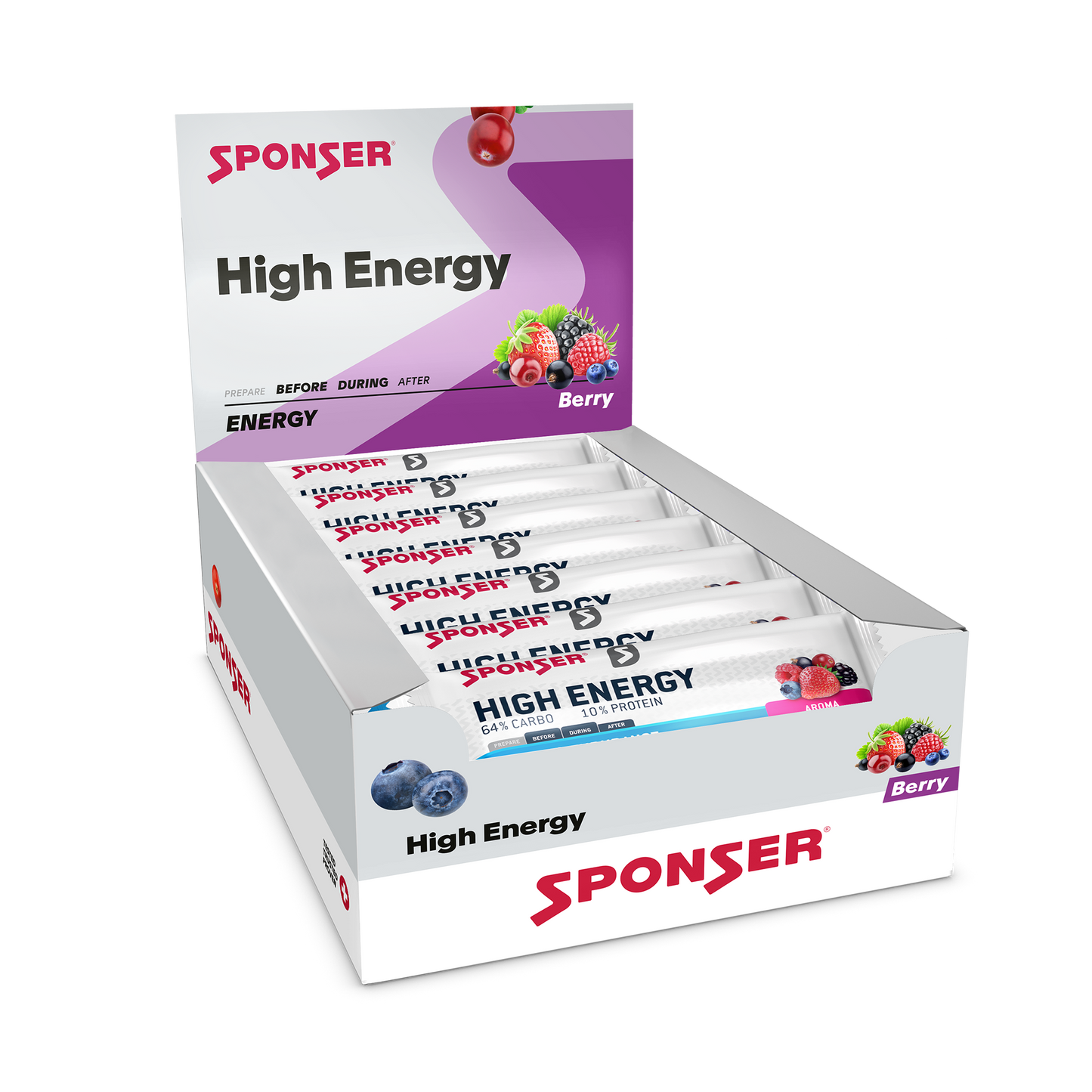 Sponser High Energy Berry - Barra Energética con Carbohidratos y BCAA (Caja de 30 Unidades)