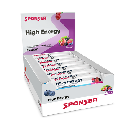 Sponser High Energy Berry - Barra Energética con Carbohidratos y BCAA (Caja de 30 Unidades)
