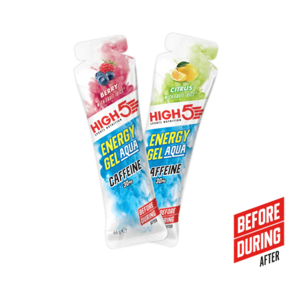 Caja de 20 Energy Gel Aqua High5 con Cafeína (66g) 2 Sabores: Berry y Citrus