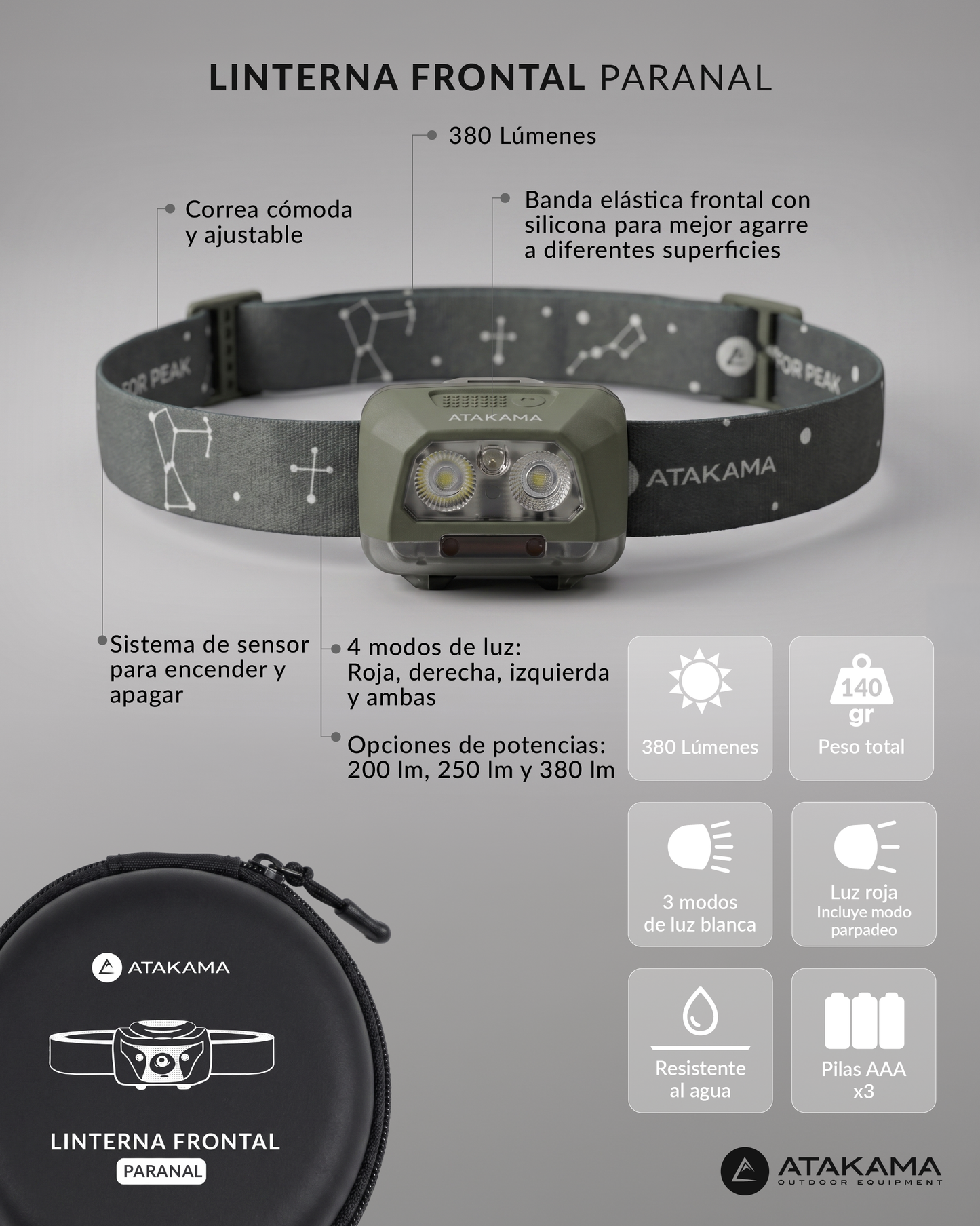 Atakama Outdoor Paranal – Linterna frontal 380 lúmenes resistente al agua