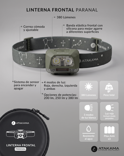 Atakama Outdoor Paranal – Linterna frontal 380 lúmenes resistente al agua