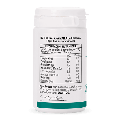 Ana María Lajusticia Espirulina – Alga vegetal rica en proteínas de alto valor biológico y minerales (160 comprimidos).