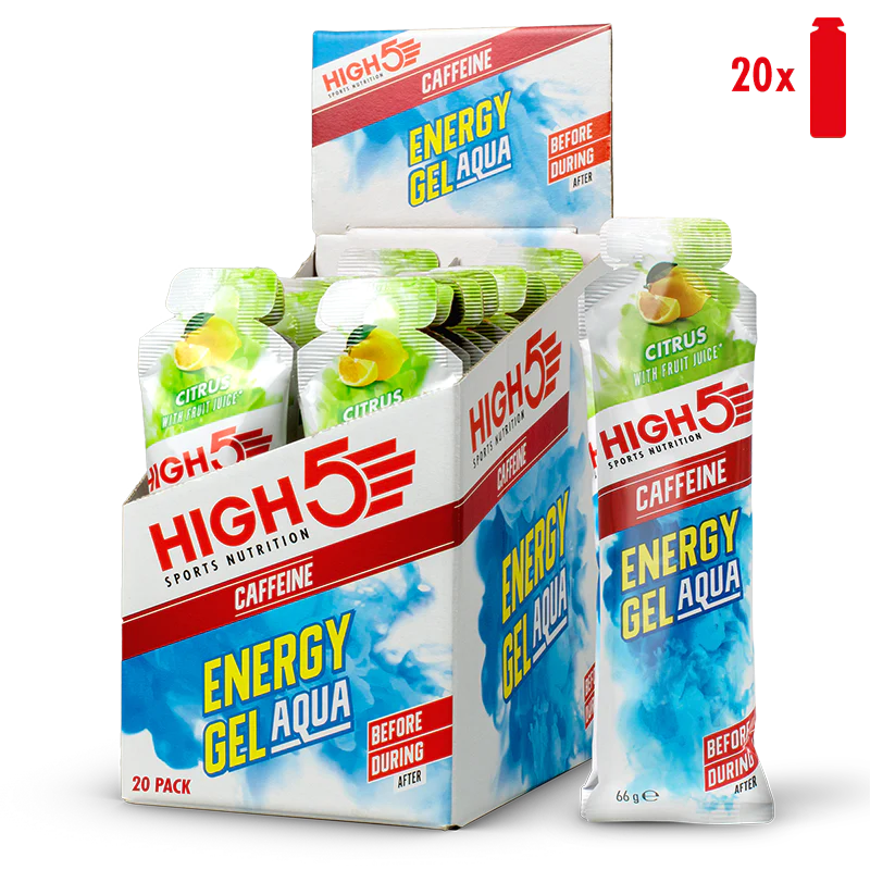 Caja de 20 Energy Gel Aqua High5 con Cafeína (66g) 2 Sabores: Berry y Citrus