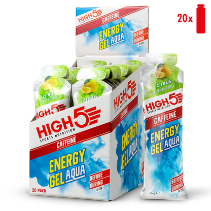 Caja de 20 Energy Gel Aqua High5 con Cafeína (66g) 2 Sabores: Berry y Citrus