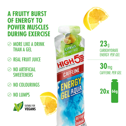 Caja de 20 Energy Gel Aqua High5 con Cafeína (66g) 2 Sabores: Berry y Citrus