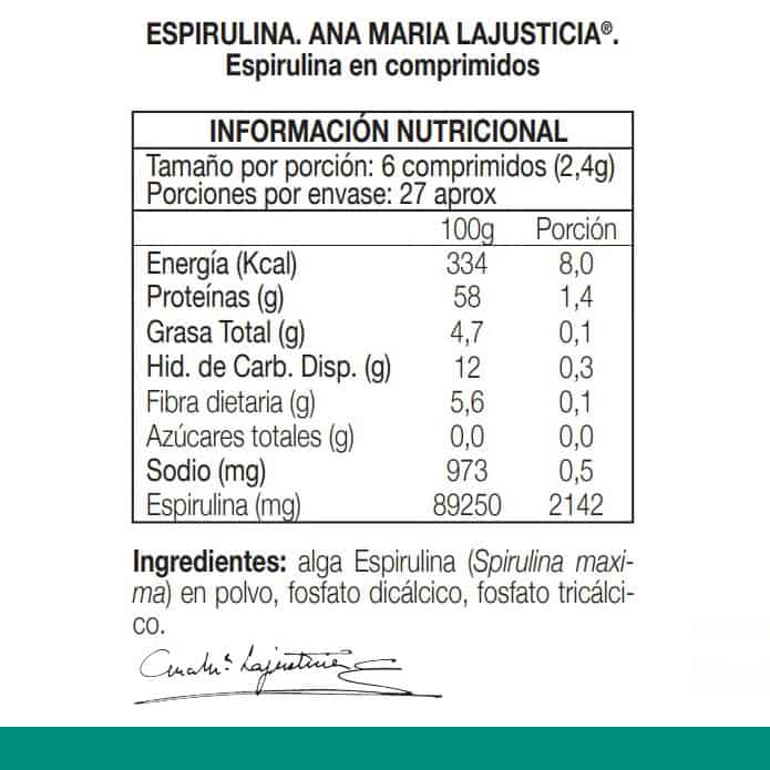 Ana María Lajusticia Espirulina – Alga vegetal rica en proteínas de alto valor biológico y minerales (160 comprimidos).
