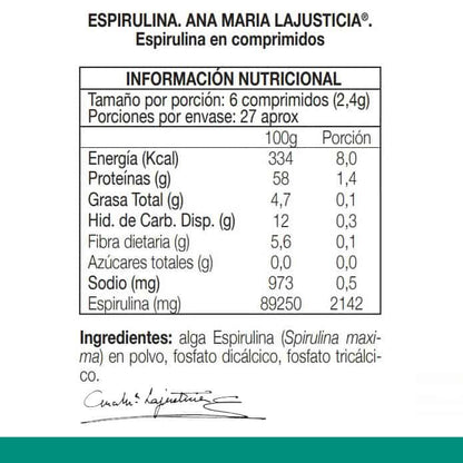 Ana María Lajusticia Espirulina – Alga vegetal rica en proteínas de alto valor biológico y minerales (160 comprimidos).