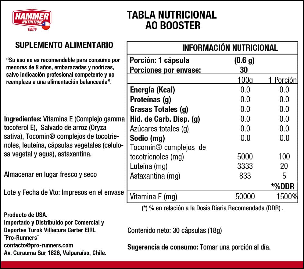 Hammer Nutrition AO Booster – Cápsulas antioxidantes con vitamina E, luteína y astaxantina (30 cápsulas)