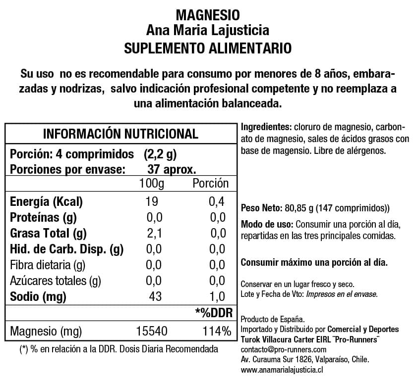 Ana María Lajusticia Cloruro de Magnesio – Suplemento de magnesio contra el cansancio y la fatiga (147 comprimidos).