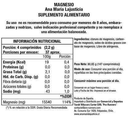 Ana María Lajusticia Cloruro de Magnesio – Suplemento de magnesio contra el cansancio y la fatiga (147 comprimidos).