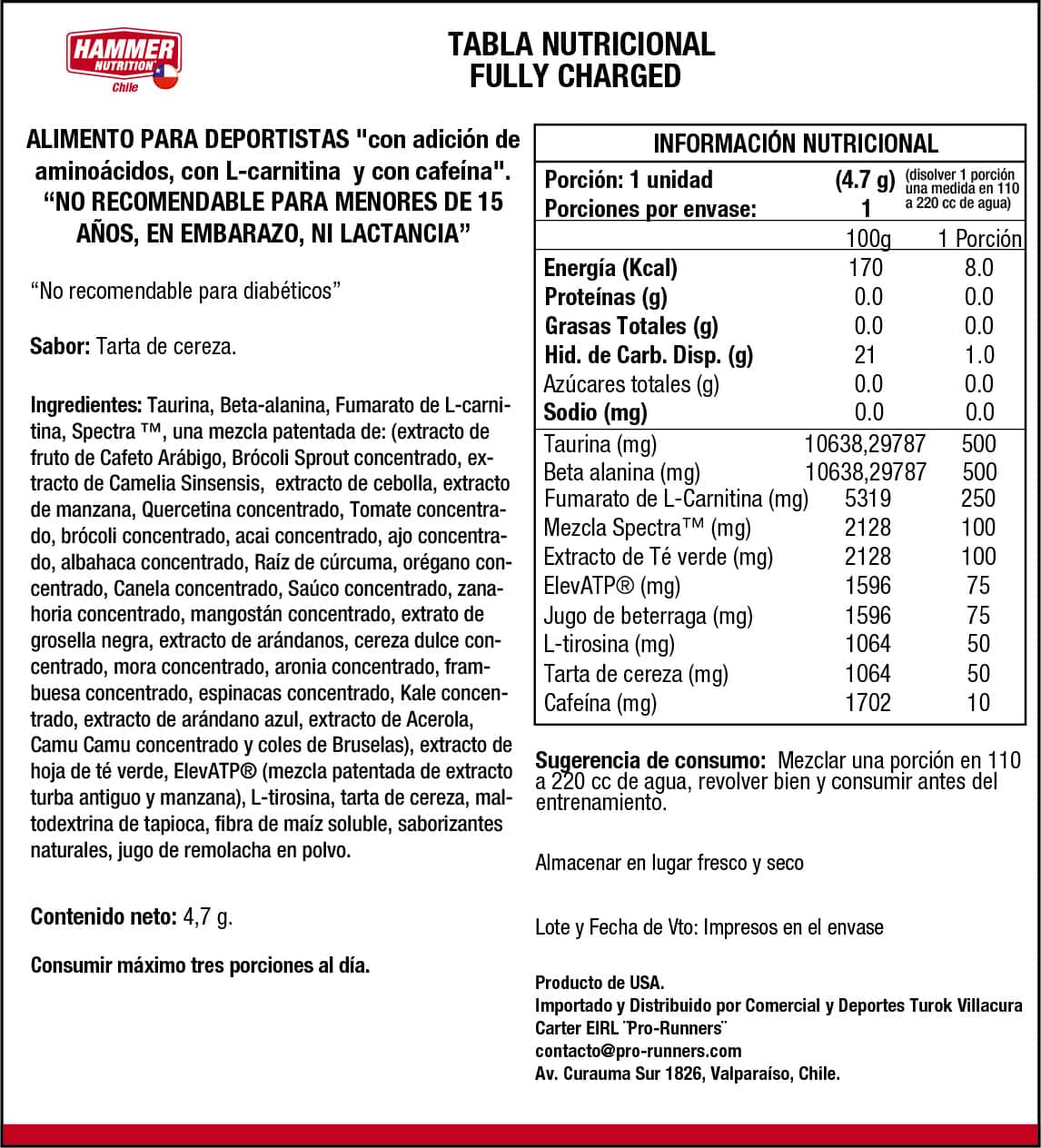 Hammer Nutrition Fully Charged – Preentreno con aminoácidos, L-carnitina y cafeína (2 formatos)
