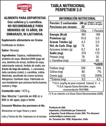 Hammer Nutrition Perpetuem 2.0 – Bebida deportiva para salidas largas (32 porciones o porción individual, 4 sabores)