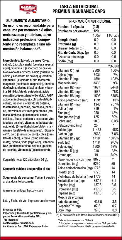 Hammer Nutrition Premium Insurance Caps – Multivitamínico y multimineral en cápsulas (2 presentaciones)
