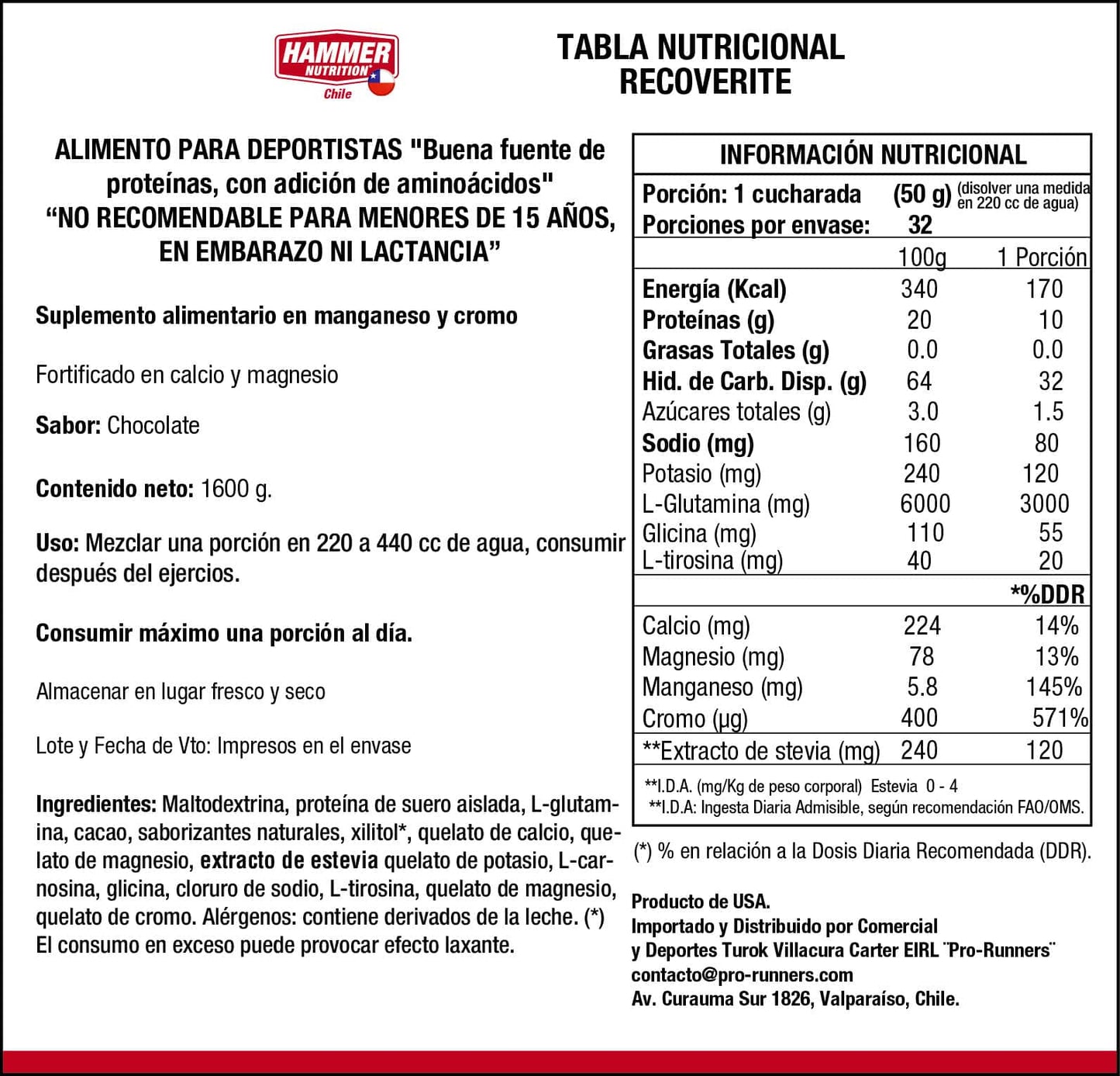 Hammer Nutrition Recoverite – Bebida de recuperación en polvo (32 porciones)