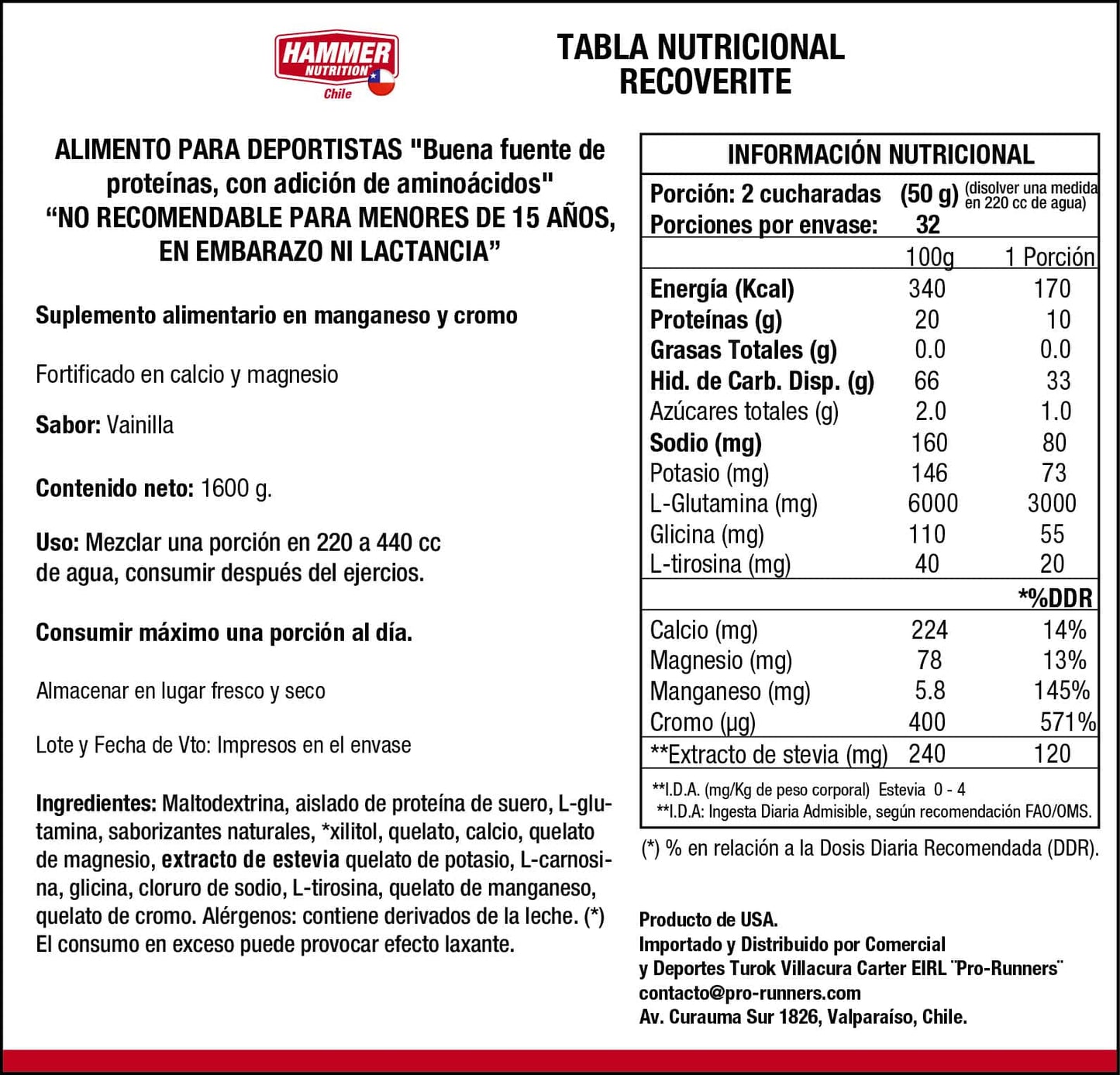 Hammer Nutrition Recoverite – Bebida de recuperación en polvo (32 porciones)