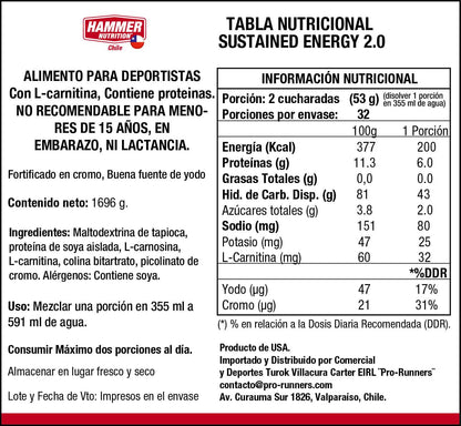 Hammer Nutrition Sustained Energy 2.0 – Bebida deportiva con proteína (32 porciones)