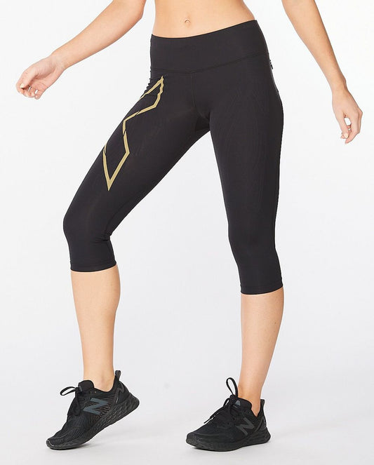Calzas Mujer Light Speed Mid-Rise Comp 3/4 - Black/ Gold Reflective - 2XU