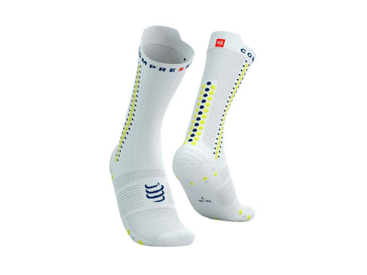 Calcetines Largos de Ciclismo Compressport Pro Racing Socks v4.0  - Blanco Amarillo